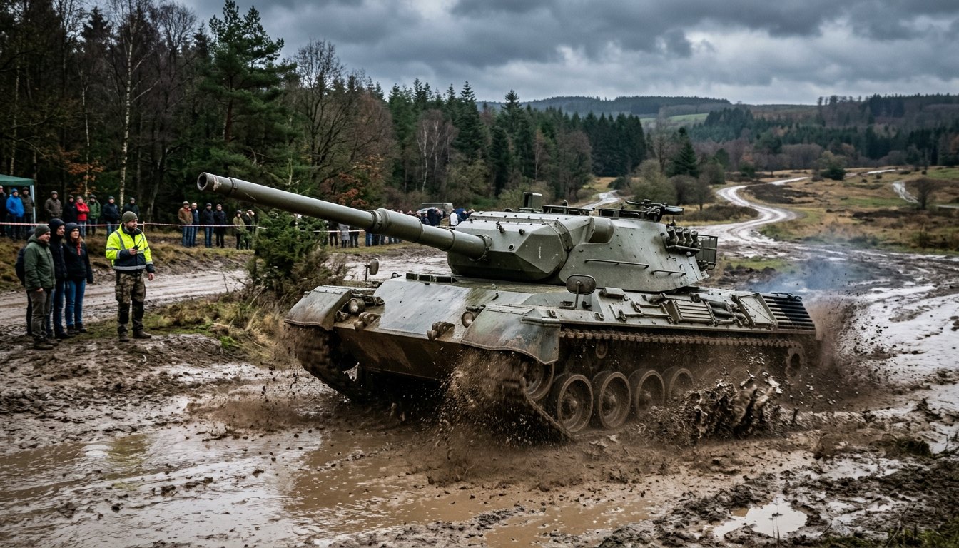 Kettenfahrzeug beim Panzerfahren als Firmen-Event auf einer Gelaendestrecke